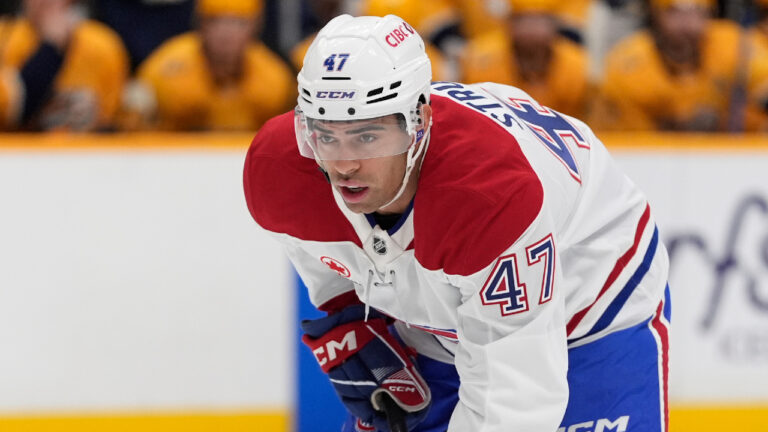 Montreal Canadiens defenceman Jayden Struble (47) plays during the first period of an NHL hockey game against the Nashville Predators, Saturday, March 28, 2026, in Nashville, Tenn. (George Walker IV/AP)