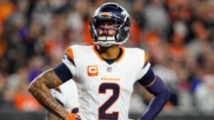 Denver Broncos cornerback Pat Surtain II (2) pauses as he plays against the Cincinnati Bengals during the second half of an NFL football game in Cincinnati, Saturday, Dec. 28, 2024. (Jeff Dean/AP)