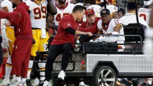 Washington Commanders wide receiver Terry McLaurin (17) is carted off the field during the first half of an NFL football game against the San Francisco 49ers in Santa Clara, Calif., Monday, Oct. 19, 2026. (Kelley L. Cox/AP)