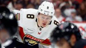 Florida Panthers' Brady Tkachuk (8) watches the puck against the Carolina Hurricanes during the third period of an NHL hockey game in Raleigh, N.C., Tuesday, Sept. 29, 2026. (Karl DeBlaker/AP Photo)