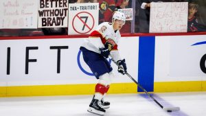 Florida Panthers' Brady Tkachuk (8) skates during warmups prior to an NHL hockey game against the Ottawa Senators in Ottawa, on Wednesday, Oct. 21, 2026. (Keito Newman/CP)