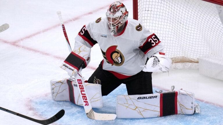 Ottawa Senators' Linus Ullmark (35) during an NHL hockey game, Tuesday, Oct. 6, 2026, in Boston. (Charles Krupa/AP Photo)