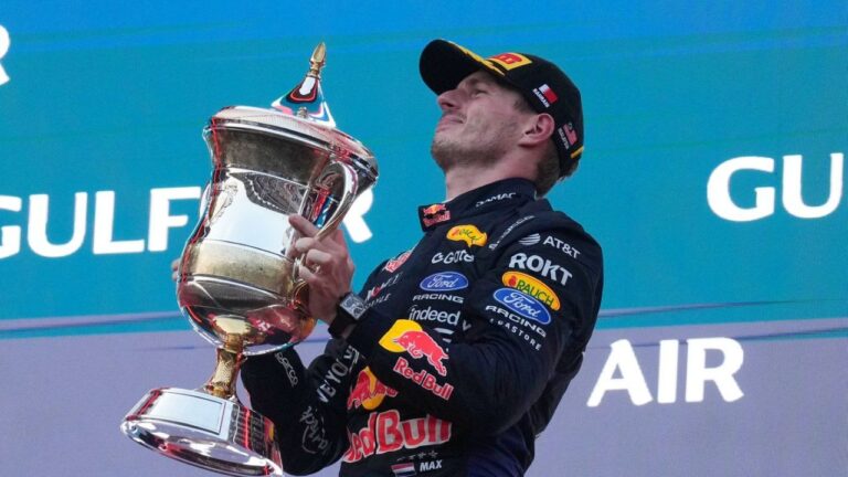 Red Bull driver Max Verstappen of the Netherlands celebrates on the podium after winning the Bahrain Grand Prix in Sepang, Malaysia, Sunday, Oct. 4, 2026. (Aijaz Rahi/AP)