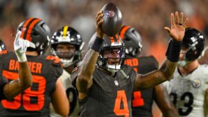 Cleveland Browns quarterback Deshaun Watson celebrates after their win against the Pittsburgh Steelers in an NFL football game in Cleveland, Thursday, Oct. 1, 2026. (David Richard/AP Photo)
