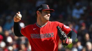 Cleveland Guardians pitcher Gavin Williams throws against the Cleveland Guardians during the first inning in Game 3 of baseball's American League Championship Series baseball game in Cleveland, Thursday, Oct. 15, 2026. (Phil Long/AP)