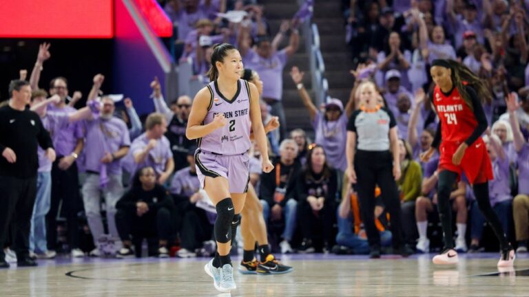 Golden State Valkyries guard Kaitlyn Chen reacts after making a three-pointer against the Atlanta Dream during the first half in Game 1 of the WNBA Finals at Chase Center in San Francisco, Saturday, Oct. 17, 2026. (Stephen Lam/San Francisco Chronicle via AP)