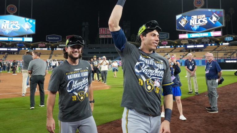Milwaukee Brewers designated hitter Christian Yelich celebrates after Game 4 of baseball's National League Championship Series between the Milwaukee Brewers and the Los Angeles Dodgers, Thursday, Oct. 15, 2026, in Los Angeles. (Gregory Bull/AP)