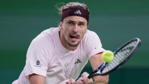 Germany's Alexander Zverev returns a ball to Australia's Alex de Minaur during the men's singles quarterfinals match at the Shanghai Masters tennis tournament in Shanghai, China, Thursday, Oct. 15, 2026. (Andy Wong/AP Photo)